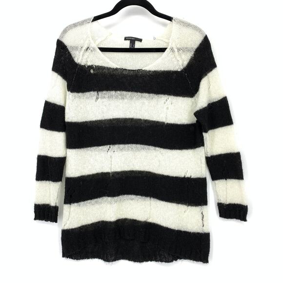 Mango Pullover Scoop Neck Sweater Womens XS Distressed Look Black White Striped - Picture 1 of 5